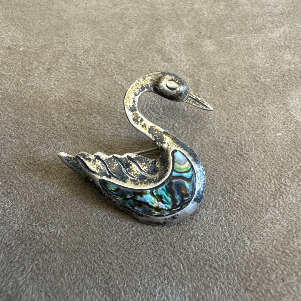 VTG Sterling Silver 925 Mexico Swan Brooch Abalone Inlay Taxco Mexico Signed